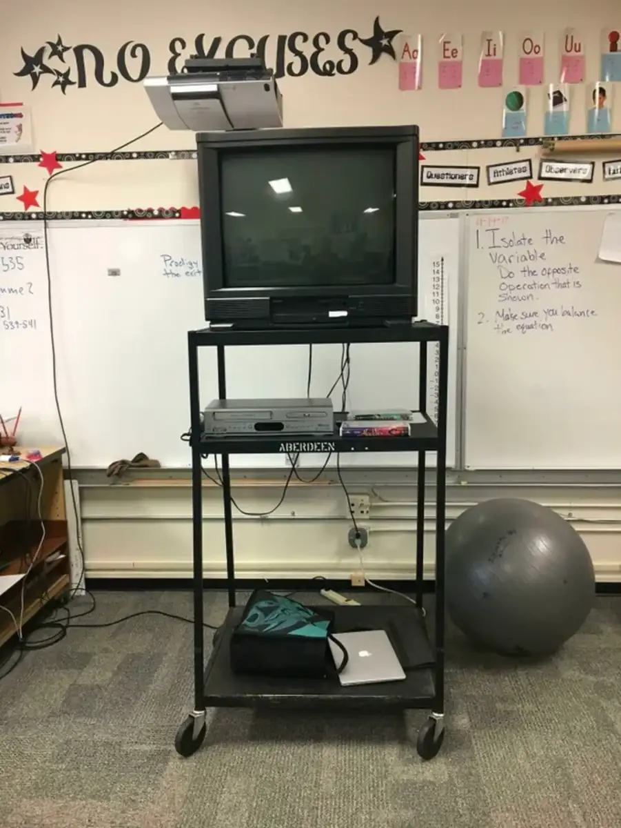 A television cart in a classroom